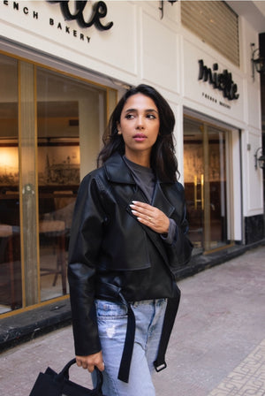 Leather trench cropped jacket in black