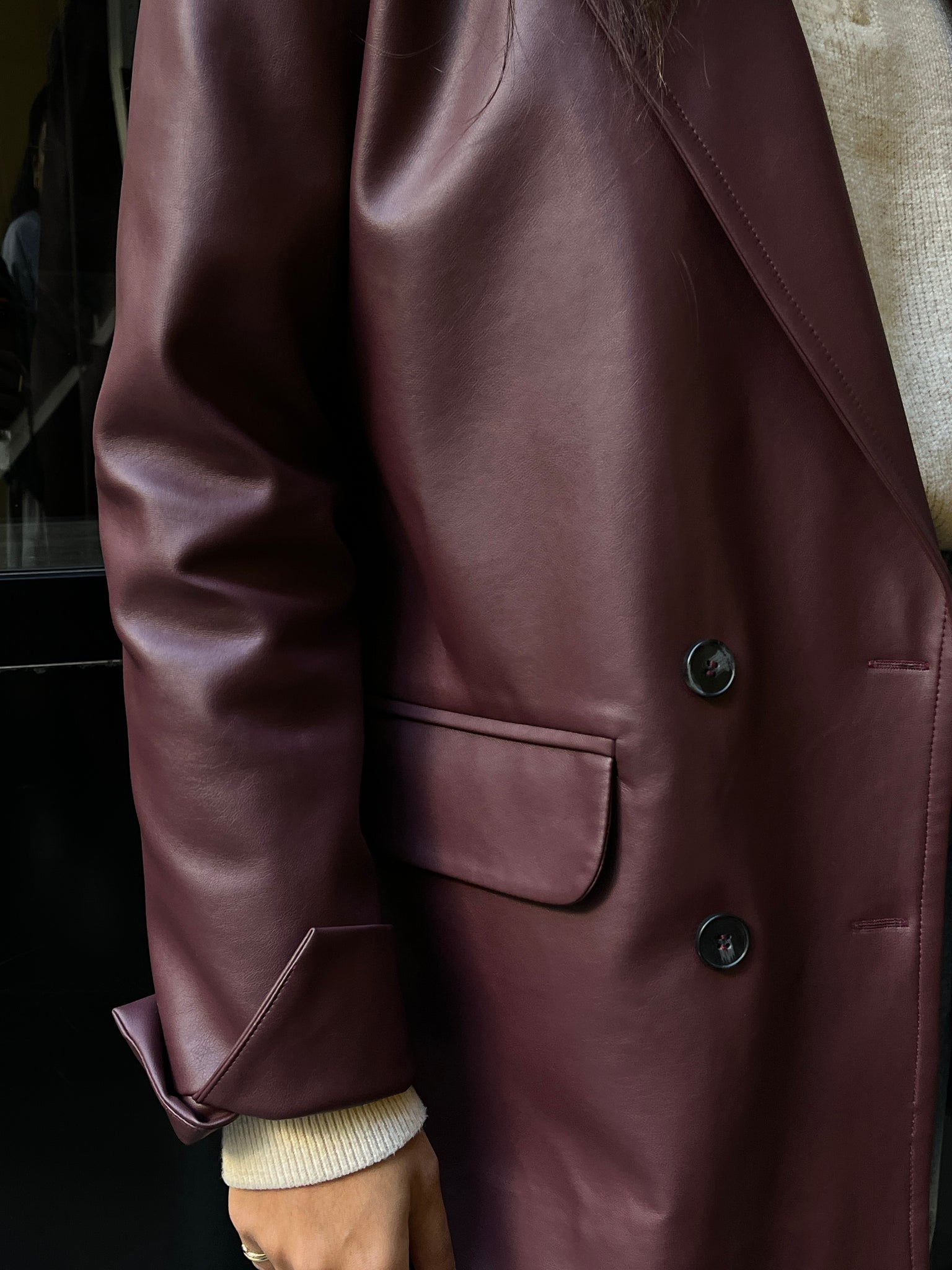 Slit leather jacket in red wine