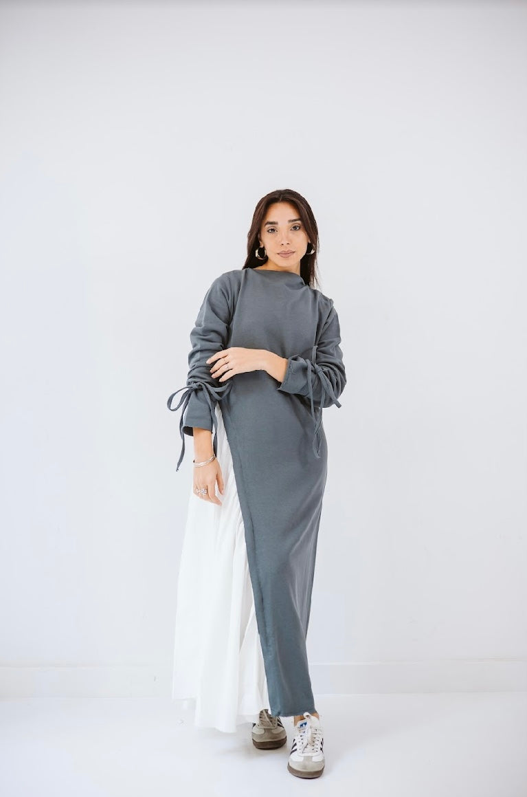 Melton x poplin dress in Dark grey ( Fall/ Winter edition)