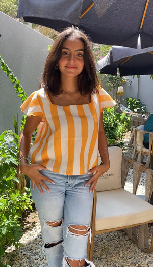 Striped Linen ruffle top in Orange