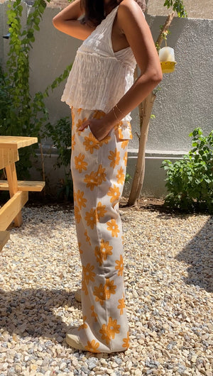 Floral linen pants in orange