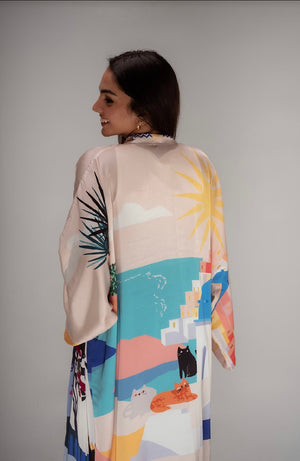Santorini long satin kimono