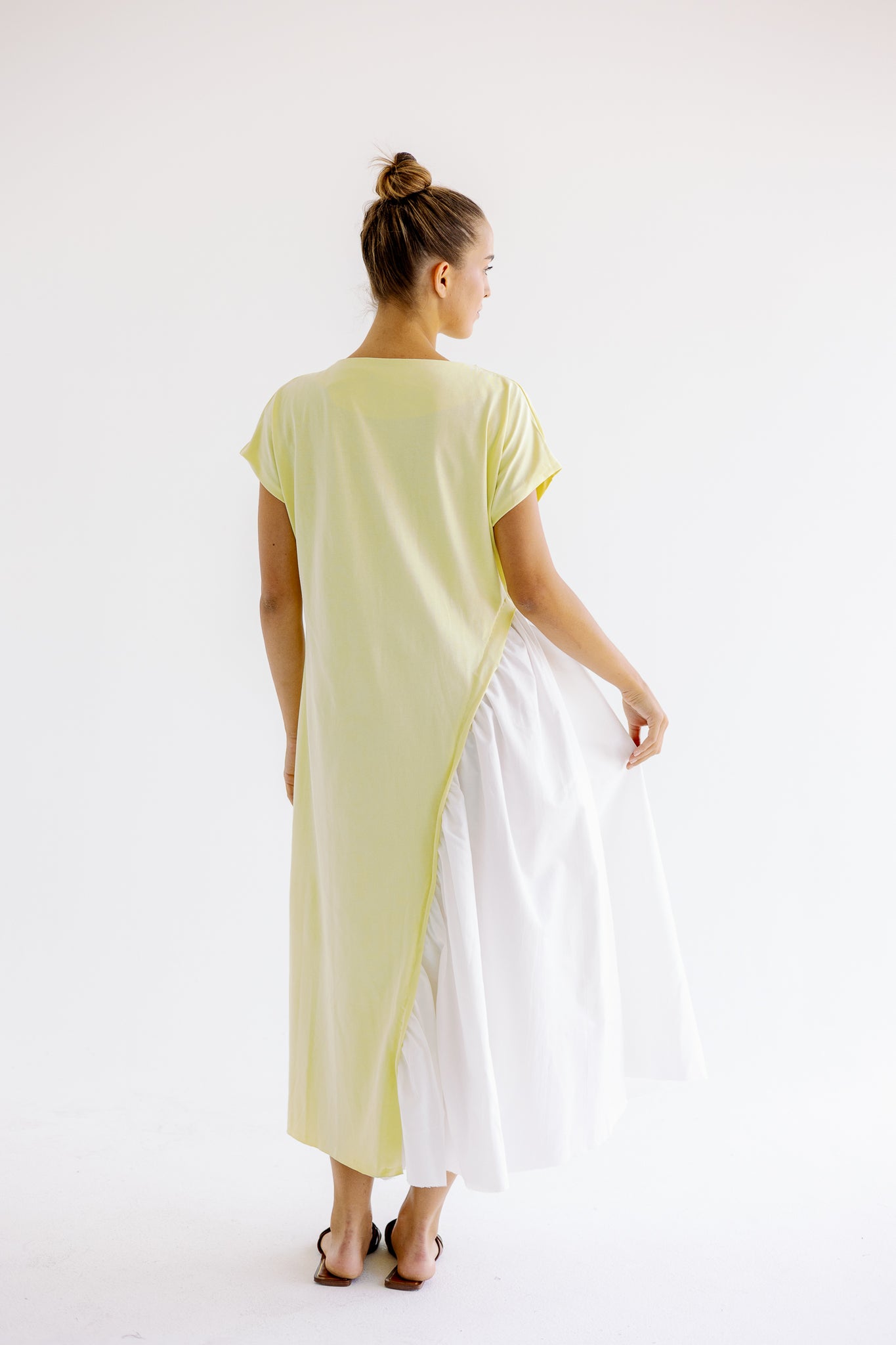 Half sleeves Melton x poplin dress in butter yellow