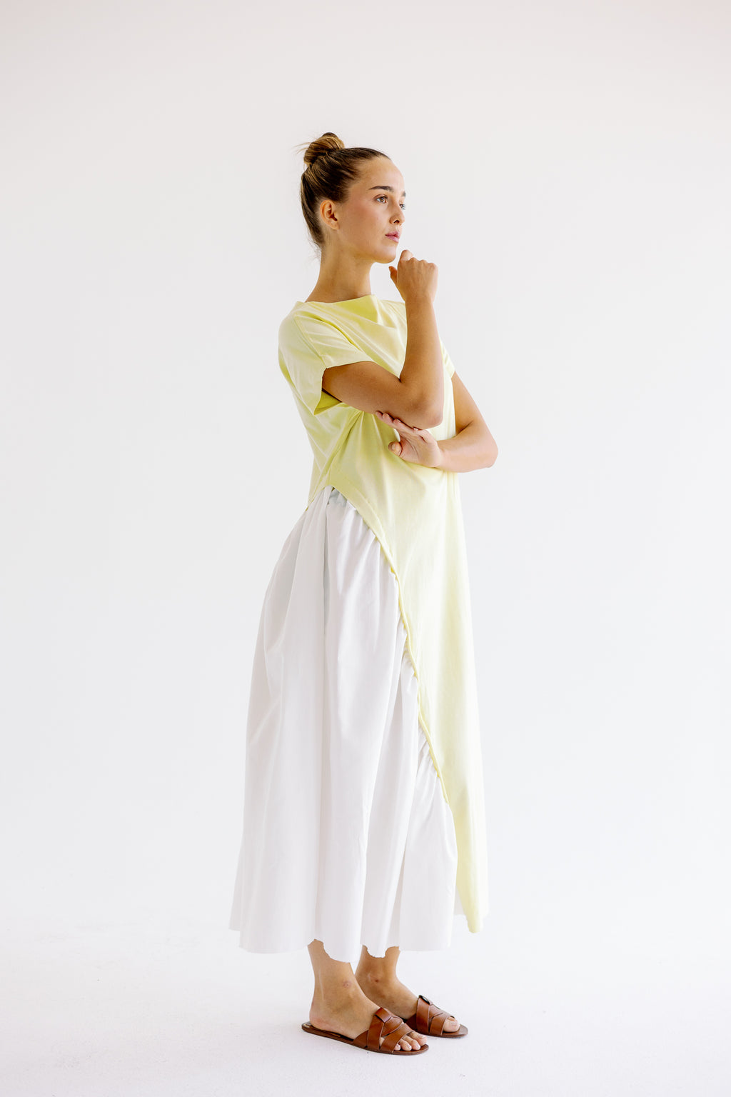 Half sleeves Melton x poplin dress in butter yellow