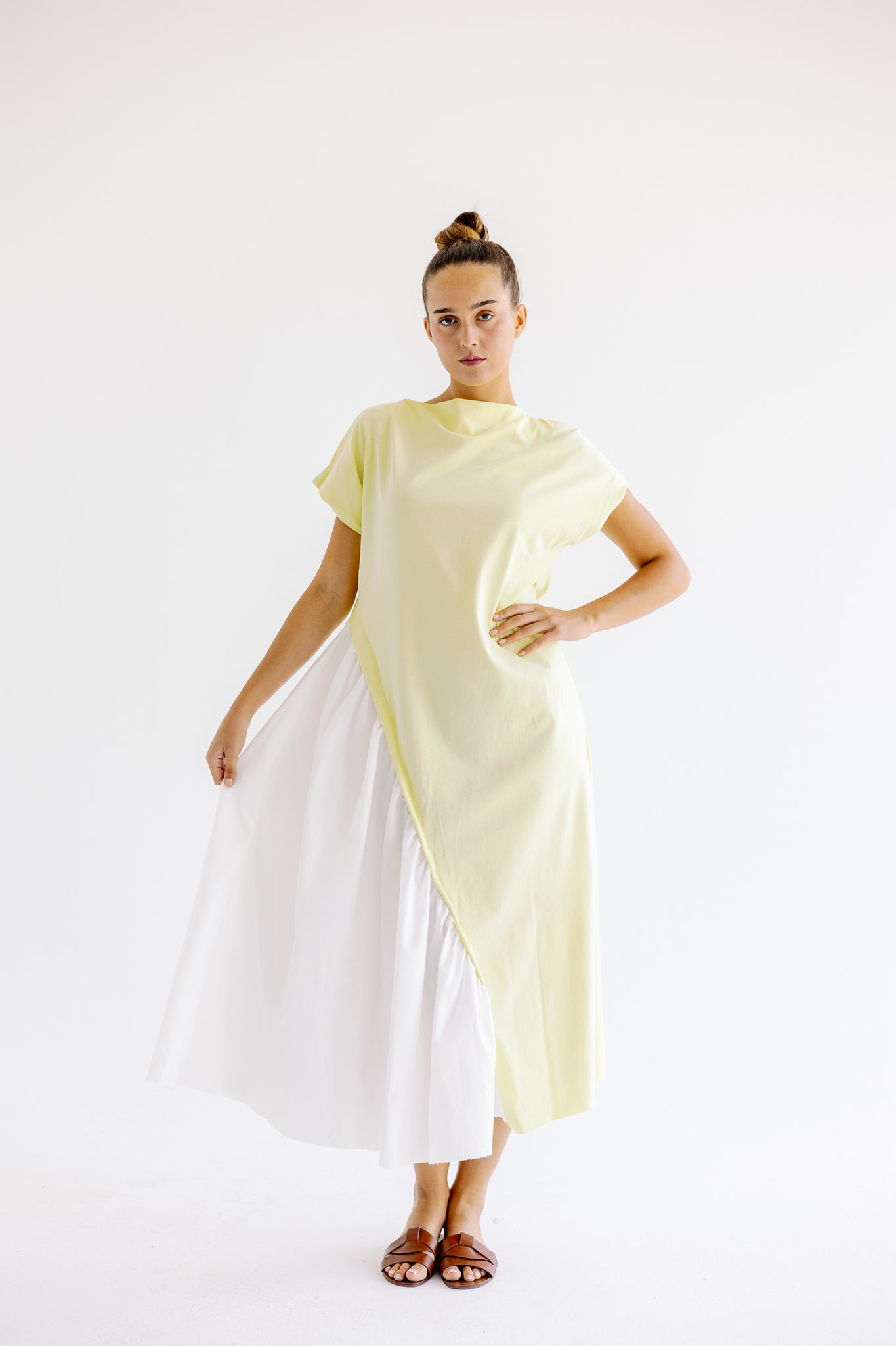 Half sleeves Melton x poplin dress in butter yellow