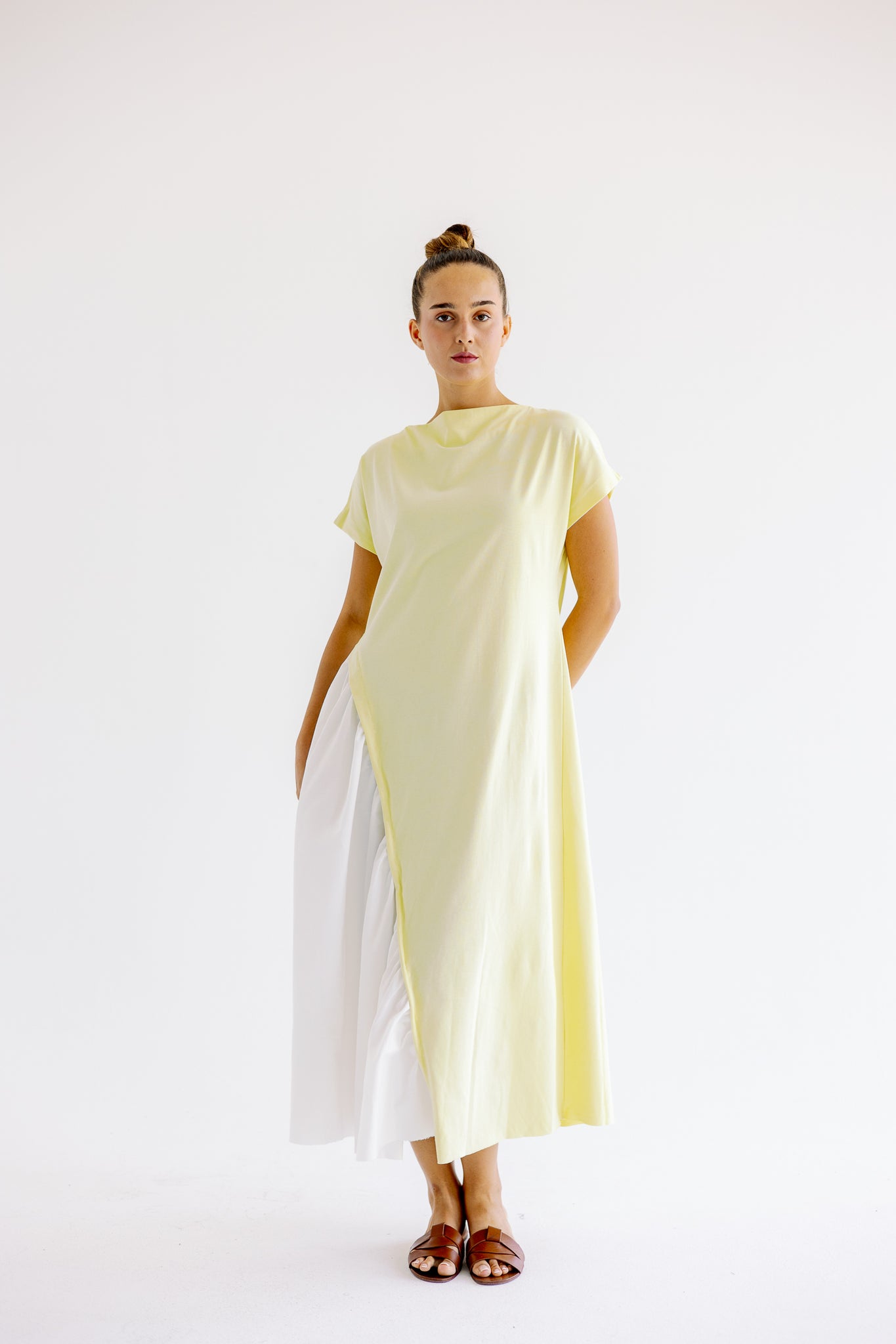 Half sleeves Melton x poplin dress in butter yellow